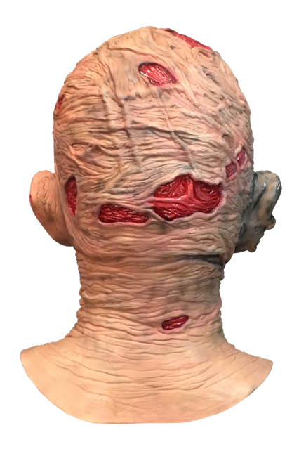 This is a Nightmare On Elm Street Freddy Krueger mask and he has red burn marks on the back of his head and neck.
