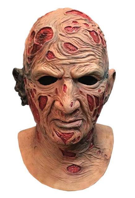 This is a Nightmare On Elm Street Freddy Krueger mask and he has red burn marks on his face and neck and a burnt ear.