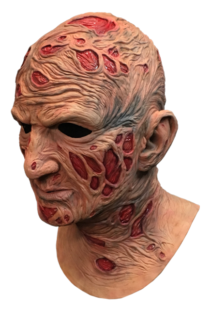 This is a Nightmare On Elm Street Freddy Krueger mask and he has red burn marks on his face and neck and on the top of his head.