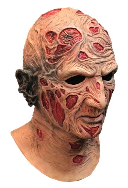 This is a Nightmare On Elm Street Freddy Krueger mask and he has red burn marks on his face and neck and a burnt, black right ear.