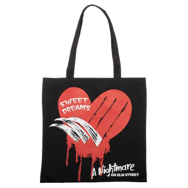 This is a black canvas tote from Nightmare On Elm Street with a red heart, knives and white letters that say sweet dreams.