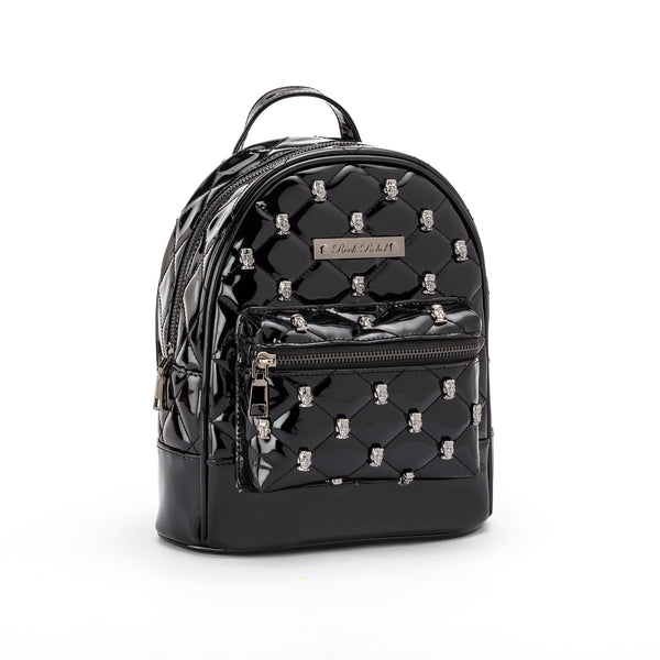 This is a vegan black Universal Monsters purse backpack that is shiny and has metal Frankenstein heads on it.