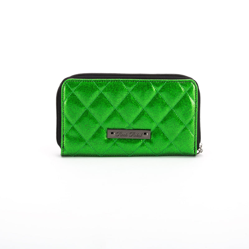 This is a vegan green Universal Monsters wallet that is shiny and quilted.