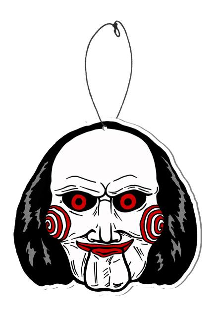 This is a Saw Billy puppet air freshener that has a black suit with red bowtie, white face with spirals, black hair and an elastic hanger.