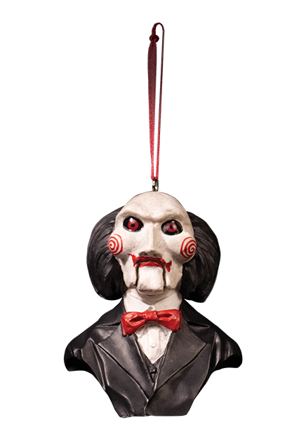 This is a Saw Billy puppet ornament that has a black suit with red bowtie, white face with spirals, black hair and a red fabric hanger.
