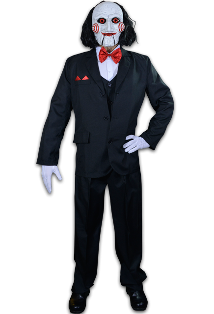 This is a Saw Billy puppet costume that has a black suit with red bowtie, white gloves, white face with spirals and black hair.