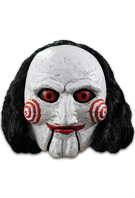 This is a Saw Billy puppet mask that has black hair, white face with spirals and red eyes and lips.