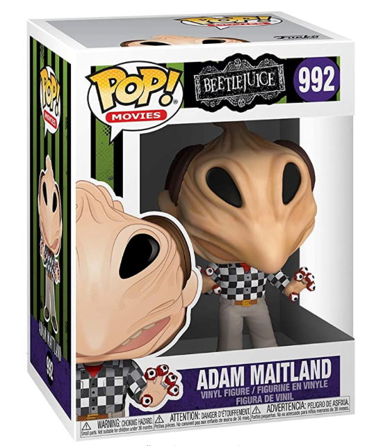This is a Beetlejuice Adam Maitland Pop Vinyl Funko and he has a black and white checkered shirt and eyeball fingers and the box is number 992.