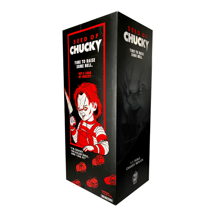 This is a Seed of Chucky life sized doll black box back with red and white letters and a black and white picture of Chucky on the side and he is on the back, holding a knife.. 