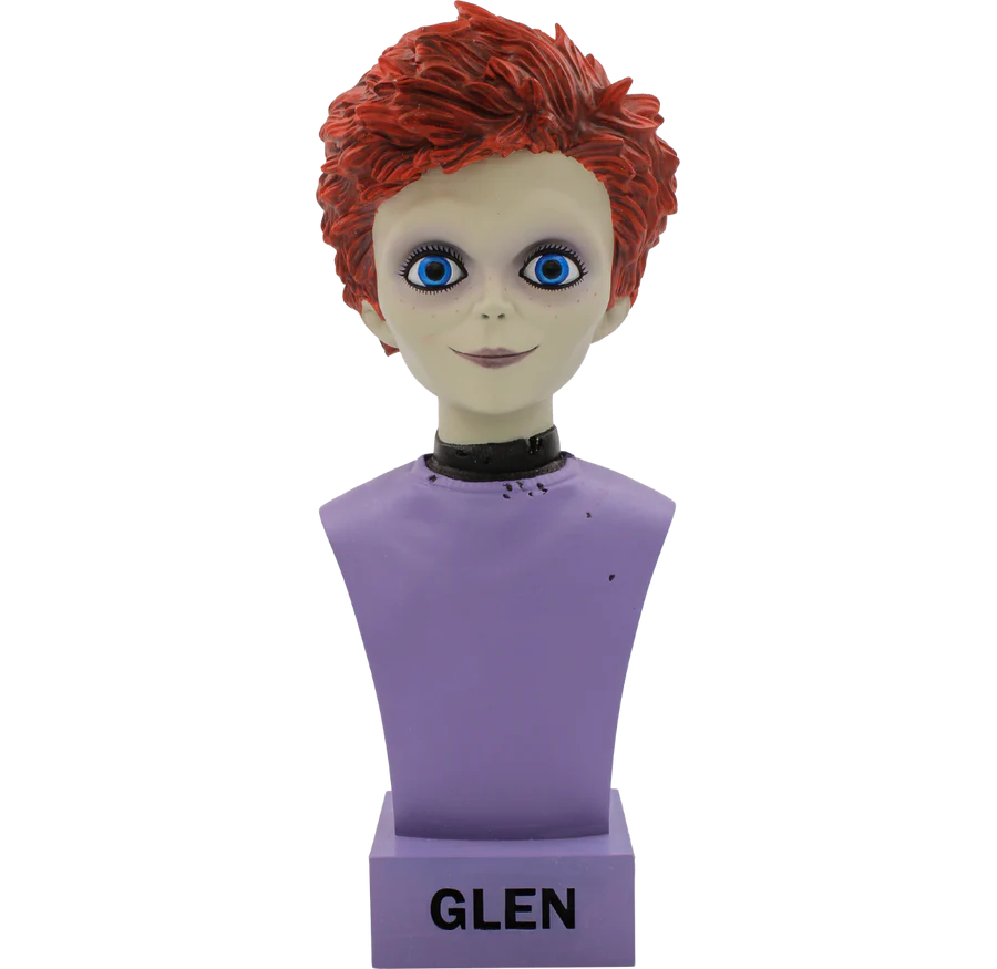 This is a Seed f Chucky Glen bust and they have on a purple shirt, blue eyes and orange hair