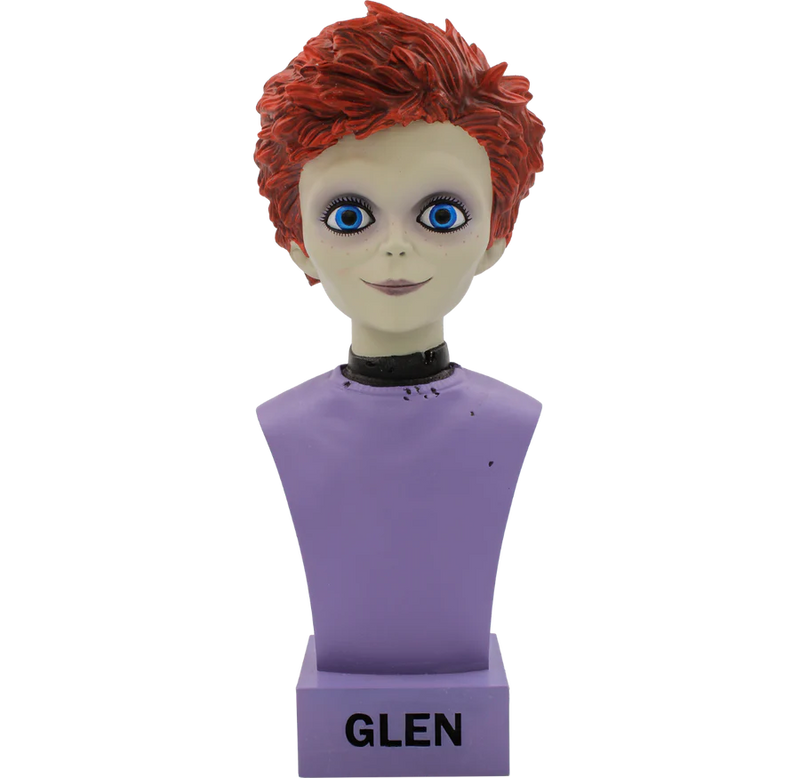 This is a Seed f Chucky Glen bust and they have on a purple shirt, blue eyes and orange hair