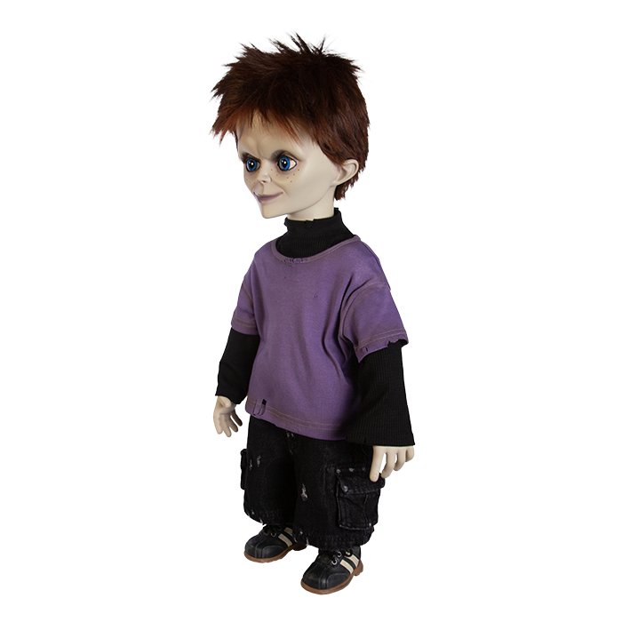 This is a Seed of Chucky Glen life size doll and he has brown hair, black and purple shirts and black pants.