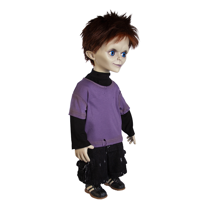 This is a Seed of Chucky Glen life size doll and he has blue eyes, brown hair, black and purple shirts and black pants.