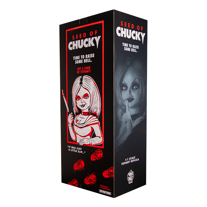 This is a Seed of Chucky Tiffany life size doll box that is black and red.