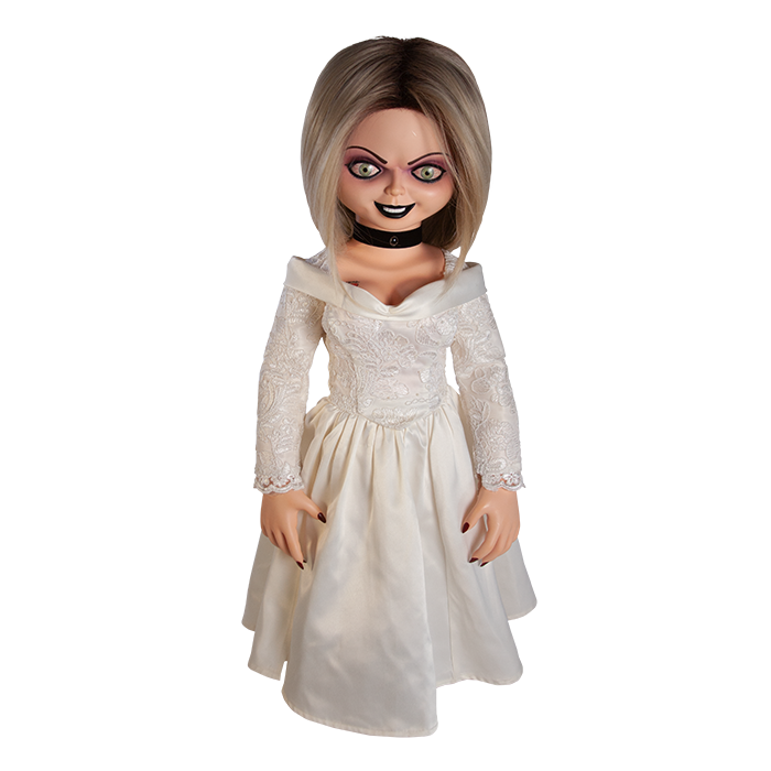 This is a Seed of Chucky Tiffany life size doll and she is wearing a white wedding dress.