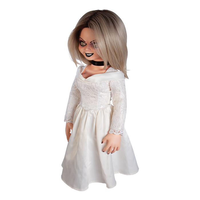 This is a Seed of Chucky Tiffany life size doll and she is wearing a white wedding dress and black choker.