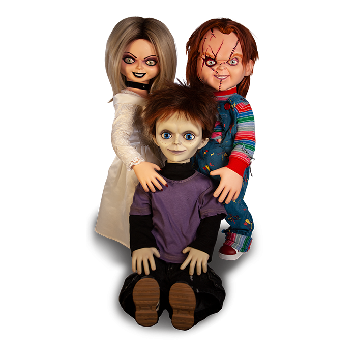 This is a Seed of Chucky Tiffany life size doll and she is with Chucky and Glen dolls.