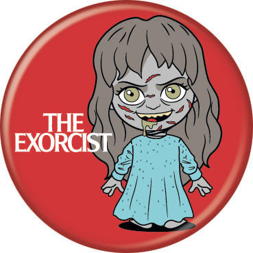 This is a chibi button of Regan from The Exorcist and it is red with her standing in a blue nightgown.