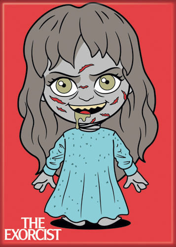 This is a The Exorcist Regan chibi magnet that is red and she is wearing a blue nightgown.