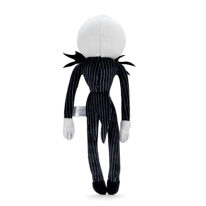 This is a Nightmare Before Christmas Jack Skellington Kidrobot plush and he has a black and white striped suit with a bat on the neck, white hands, white head.