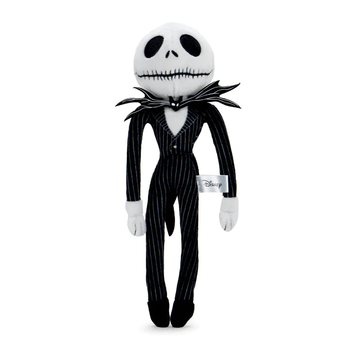 This is a Nightmare Before Christmas Jack Skellington Kidrobot plush and he has a black and white striped suit with a bat on the neck, white hand, white face, black eyes and stitched mouth.