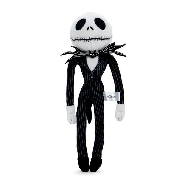 This is a Nightmare Before Christmas Jack Skellington Kidrobot plush and he has a black and white striped suit with a bat on the neck, white hand, white face, black eyes and stitched mouth.
