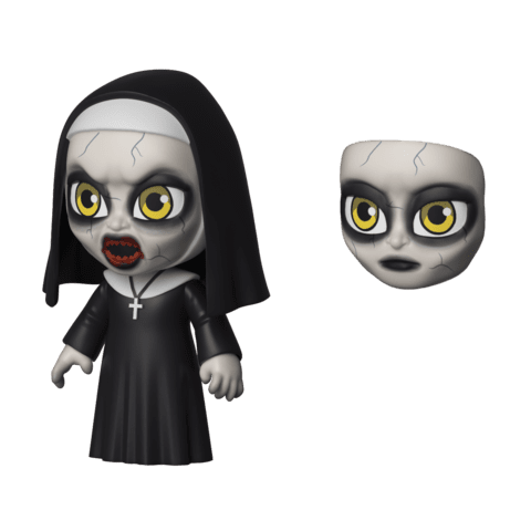 From the movie The Nun, there is a nun in a black dress and black habit and cross who looks possessed and has an extra face.
