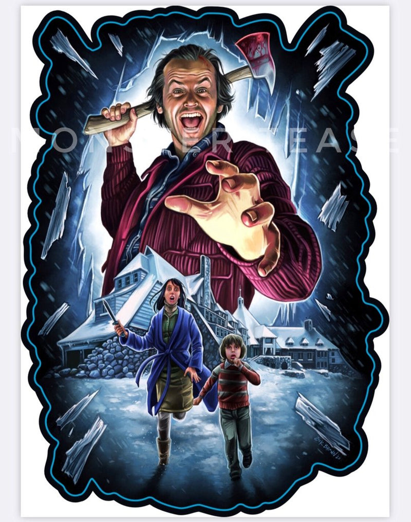 This is a Shining Jack Torrance sticker and he has a bloody axe and Wendy and Danny are running from him.