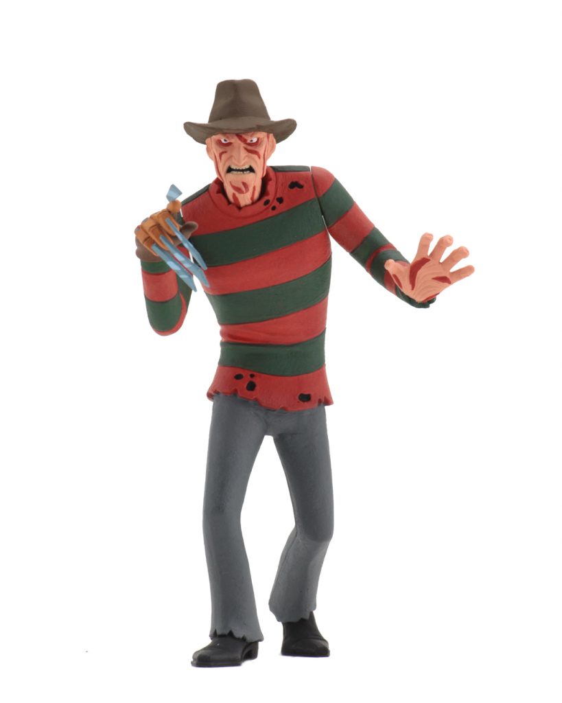 This is a A Nightmare On Elm Street Freddy Krueger posable NECA 6" action figure, who has a glove with blades and is wearing a red and green striped sweater, brown hat and green pants.