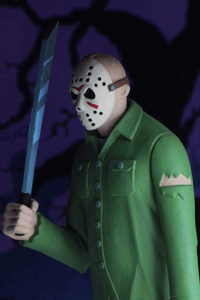 This is a NECA Toony Terror of Friday the 13th Jason Voorhees, who is wearing a hockey mask, green shirt, brown pants, boots and holding a machete.