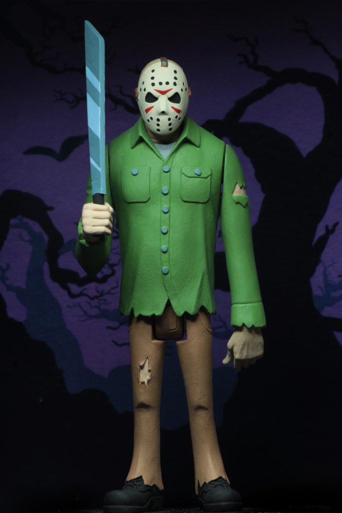 This is a Friday the 13th Jason Voorhees posable NECA action figure, who is holding a machete and wearing a green shirt, brown pants and a hockey mask.