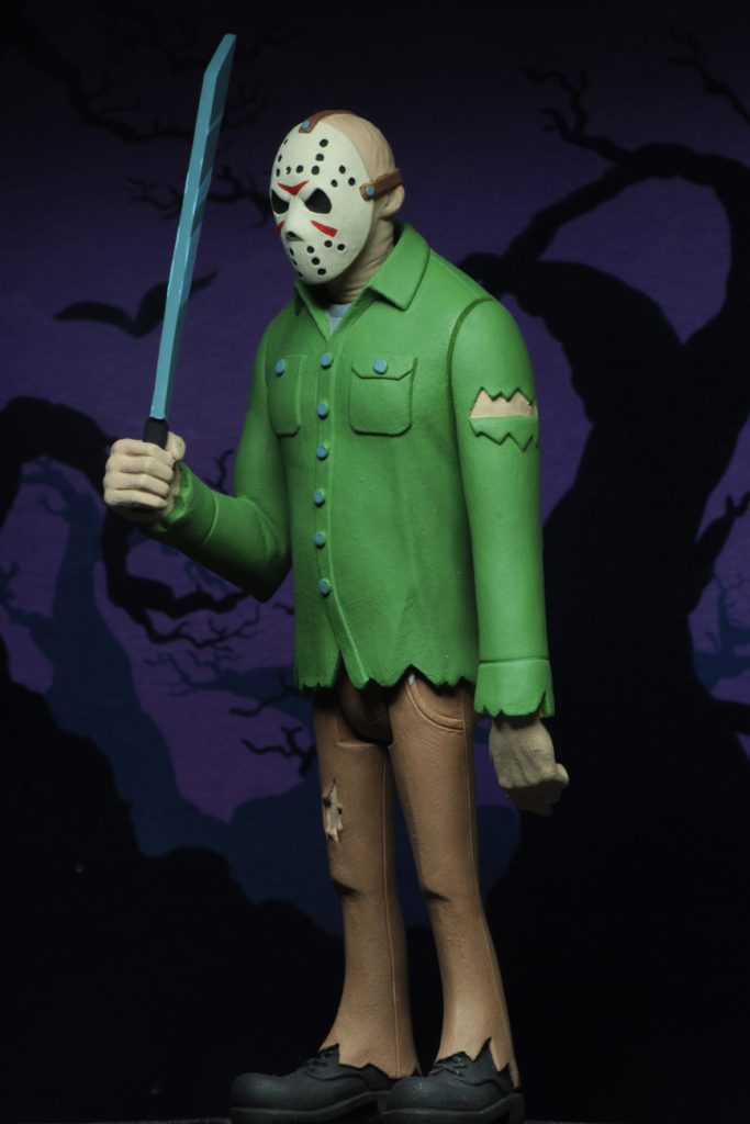 This is a Friday the 13th Jason Voorhees posable NECA action figure, who is holding a machete and wearing a green shirt, brown pants and a hockey mask.