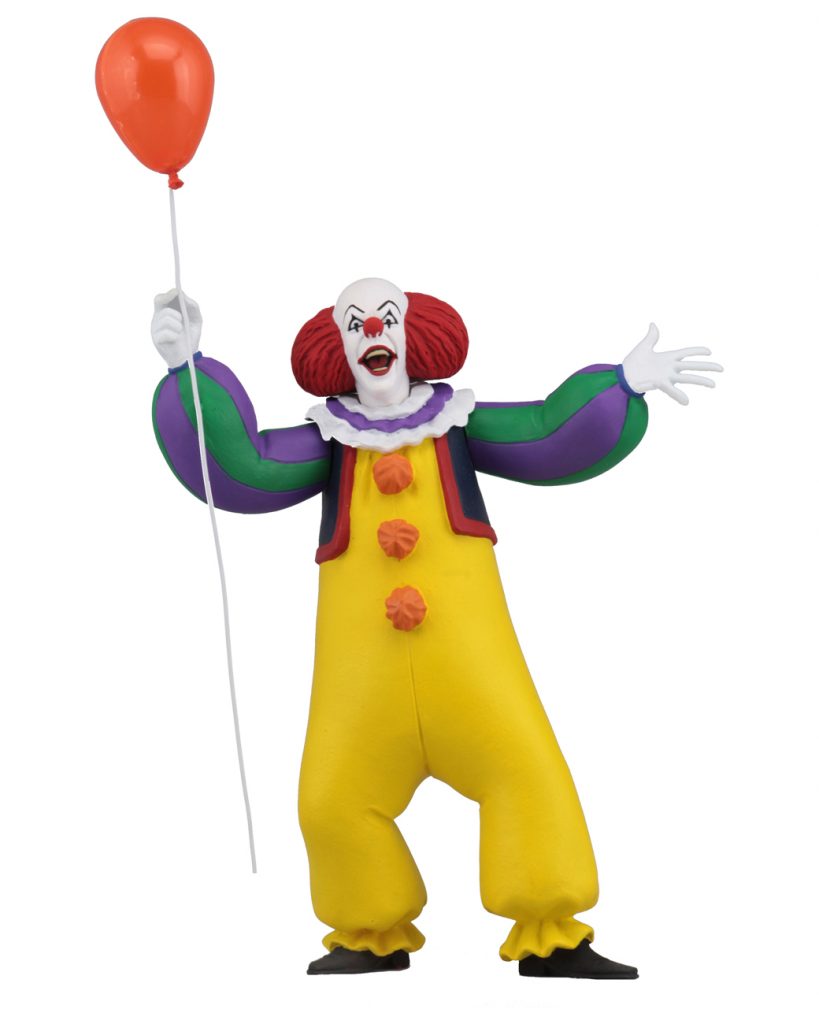 This is a Toony Terrors It 1990 miniseries Pennywise the clown posable NECA 6" action figure, who is wearing a yellow clown suit, holding a red ballon and who has a red nose.
