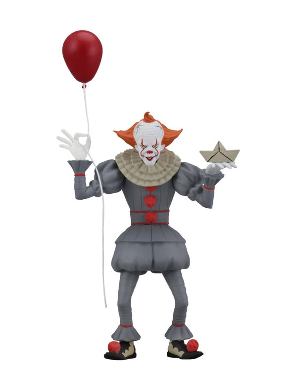 This is a NECA Toony Terrors It 2017 Pennywise action figure and he is wearing a grey clown suit that has three red balls and a white collar, with white gloves, balls on his shoes, a white face and orange hair and is holding a red balloon.