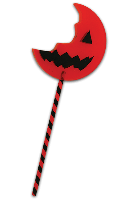 This is a bitten lollipop from Sam of Trick 'r Treat and it is and orange pumpkin with a black mouth and eye, with a black and orange striped stick.