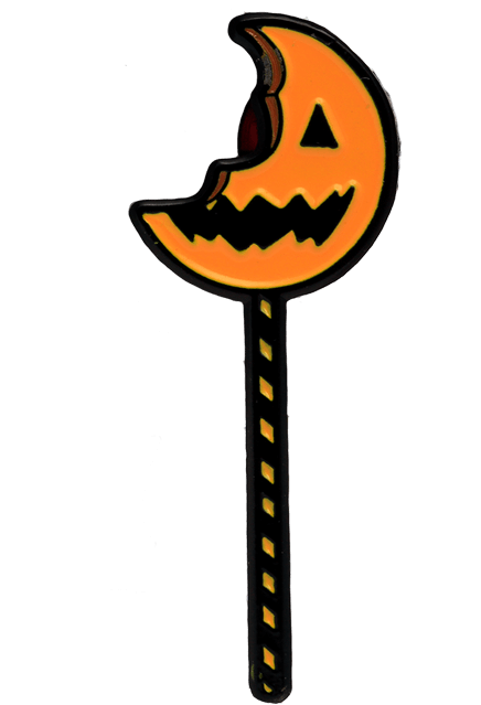This is a Trick 'r Treat Sam bitten lollipop enamel pin and it is an orange pumpkin with a black mouth and eye, and a black and orange striped stick.