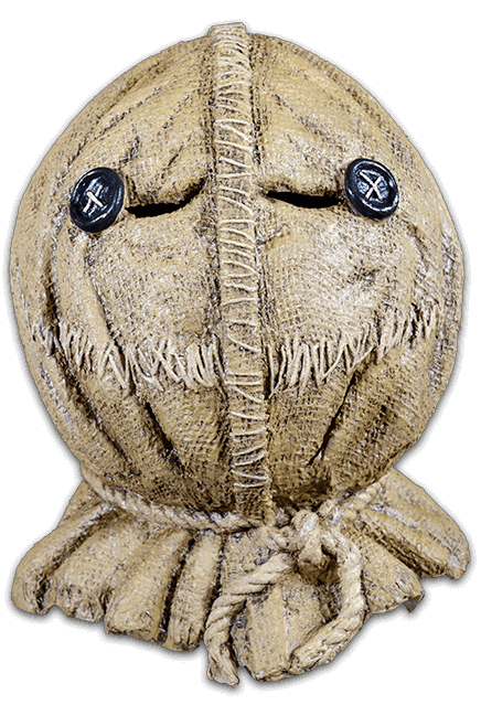 This is a Trick 'r Treat Sam burlap mask and it is tan with stitching, a rope and button eyes.