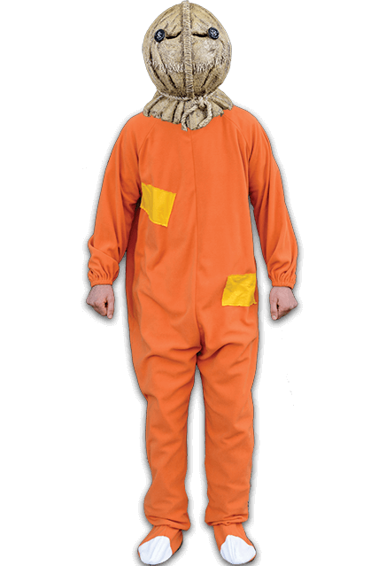 This is a Trick 'r Treat Sam costume and it is an orange jumpsuit with two yellow patches and it goes with a burlap mask.