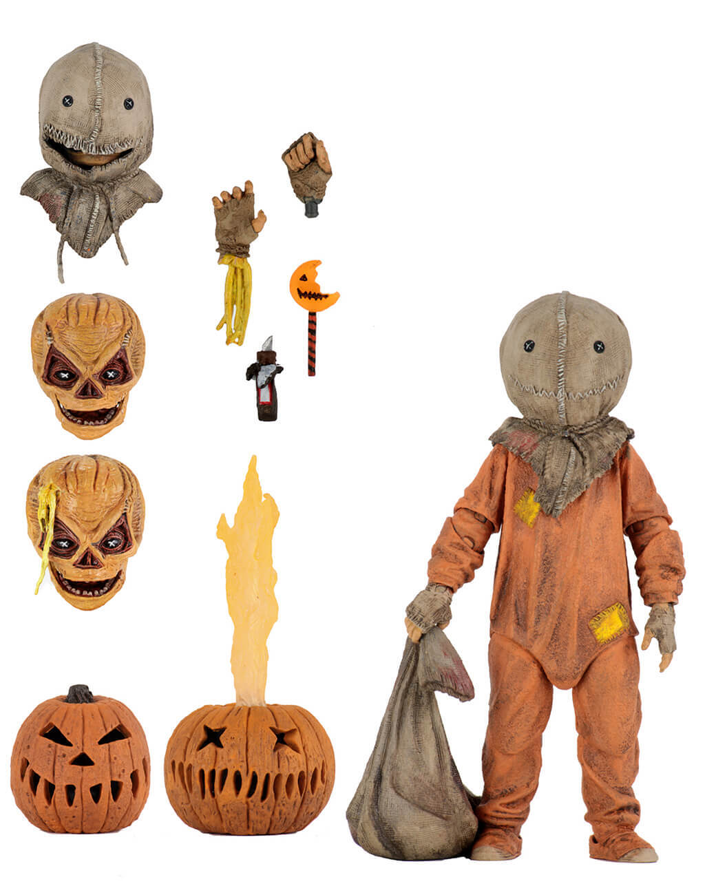 This is a Trick R Treat Sam NECA 7" ultimate action figure with 3 heads, 2 pumpkins, 2 hands, knife and bitten lollipop.