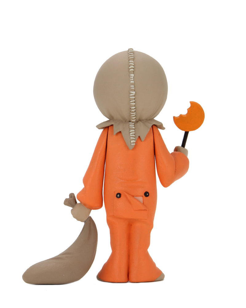 This is the Toony Terrors NECA action figure series 4 Sam from Trick 'R Treat and he has an orange suit with a butt hole, burlap mask and a bitten lollipop..