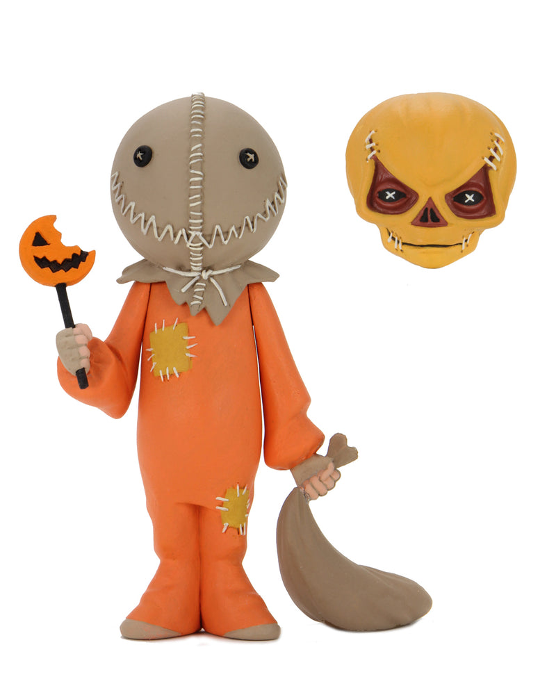 This is the Toony Terrors NECA action figure series 4 Sam from Trick 'R Treat and he has an orange suit, burlap mask and a bitten lollipop..