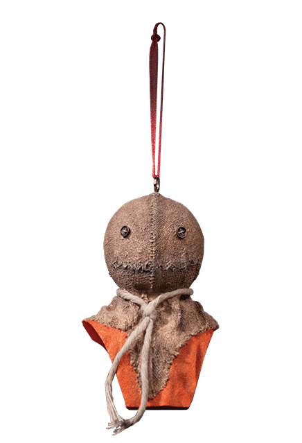 This is a Trick 'r Treat Sam ornament and he is wearing a burlap mask with button eyes and an orange jumpsuit and he has a string to hang.