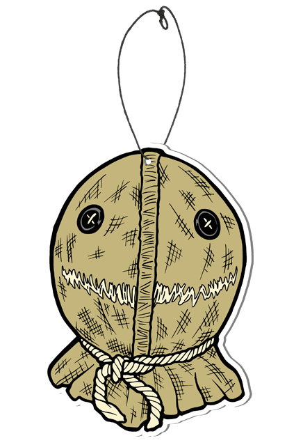 This is a Trick 'r Treat Sam air freshener and he has a burlap mask with button eyes and a string to hang it. 