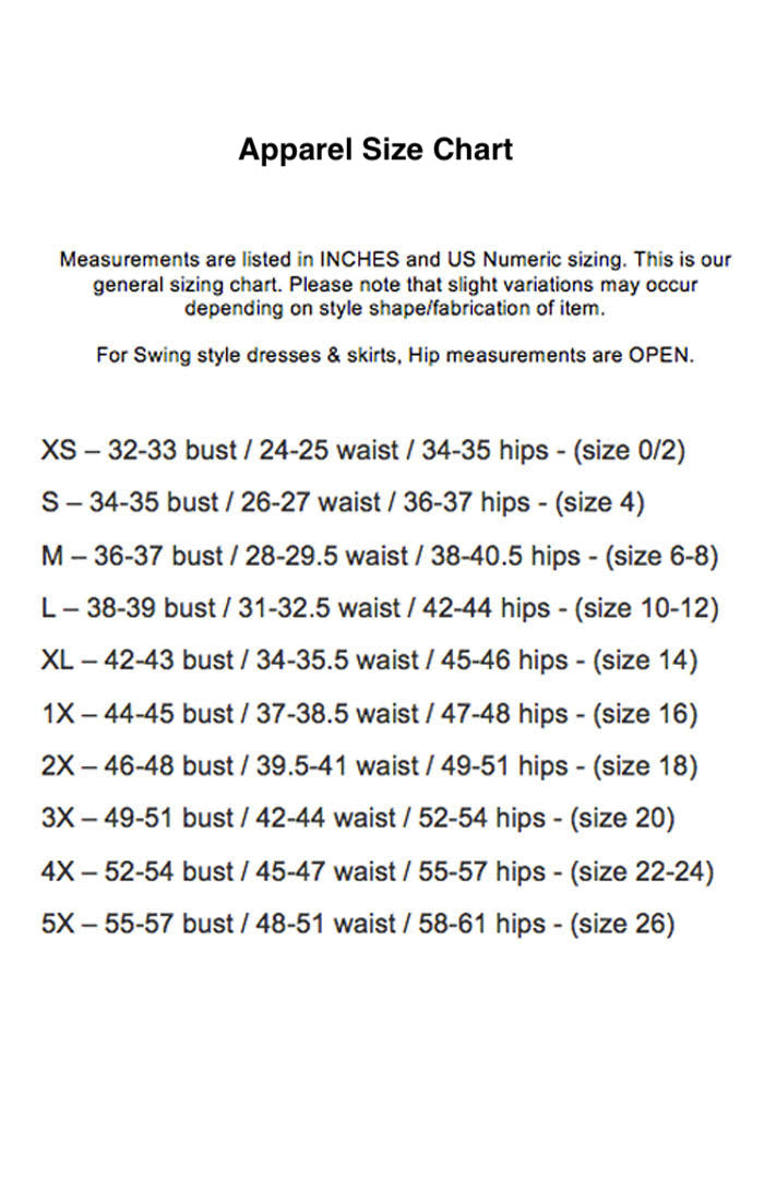 This is a Unique Vintage dress and skirt size chart.