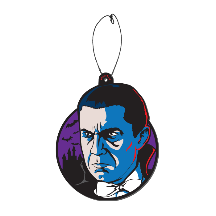 This is a Universal Monsters Bela Lugosi Dracula air freshener by Trick Or Treat and he has black hair, cape, bow tie and is in front of a purple circle with bats and a castle, with a plastic hanger.