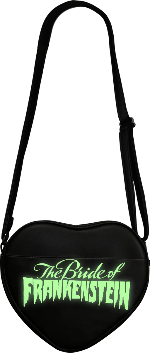 This is a Universal Monsters Bride of Frankenstein purse bag that is black with a strap and the glow in the dark green font says the bride of frankenstein 
