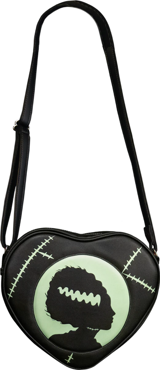 This is a Universal Monsters Bride of Frankenstein purse bag that is black with a strap and has a green bride silhouette. 