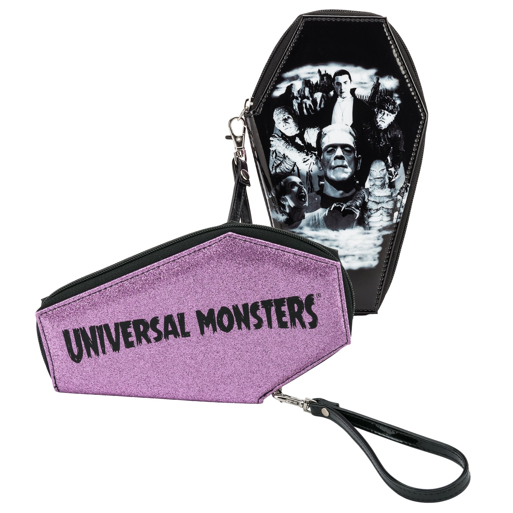 This is a Universal Monsters glitter coffin wallet that is black and pink and has Frankenstein, bride, Dracula, wolfman, mummy and creature from the black lagoon.