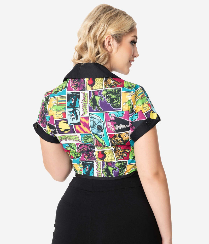 This is a Universal Monsters Shirley Crop top by Unique Vintage with Creature, Frankenstein, Dracula, Mummy, Bride, Wolfman and it has a black collar, short sleeves and a tie and the model is wearing black jeans and has blonde hair and is looking to the side.