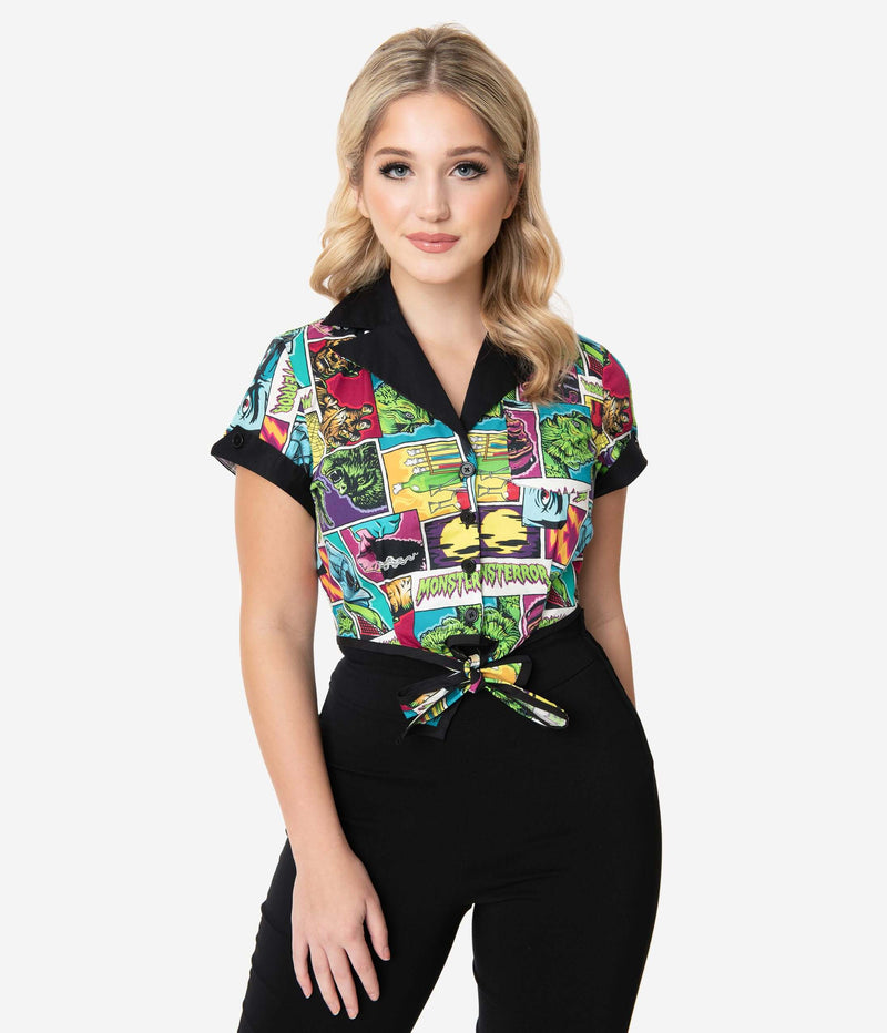 This is a Universal Monsters Shirley Crop top by Unique Vintage with Creature, Frankenstein, Dracula, Mummy, Bride, Wolf Man and it has a black collar, short sleeves and a tie and the model is wearing black jeans and has blonde hair.